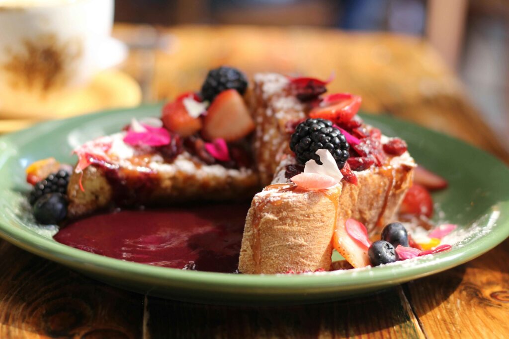 French Toast Casserole on green plate.