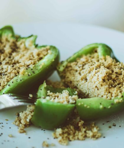 Vegetarian Stuffed Peppers served on white plate.