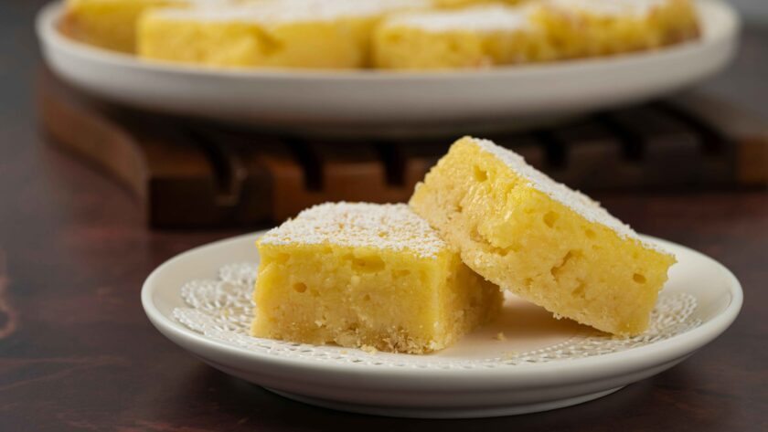 Two Dhokla served on a white plate