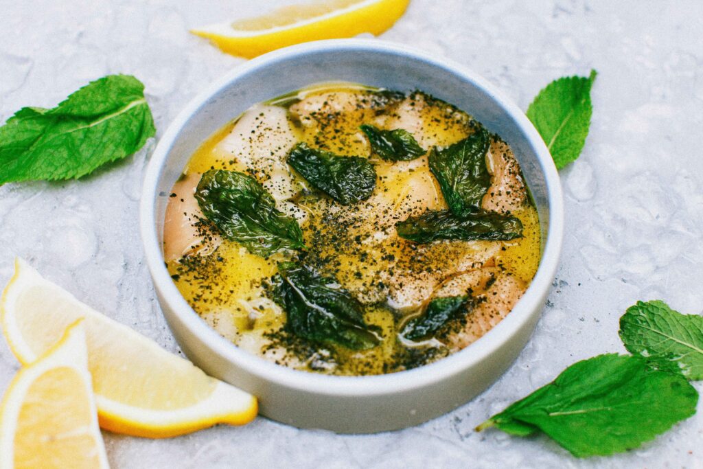 Fish Soup Served in a White Bowl.