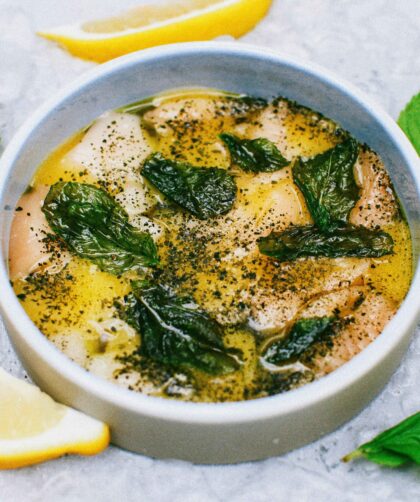 Fish Soup Served in a White Bowl.