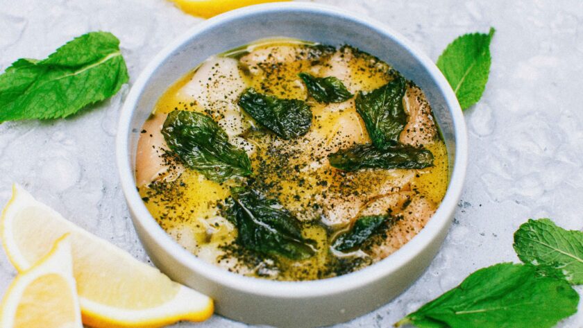 Fish Soup Served in a White Bowl.