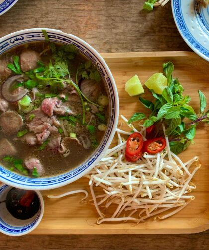 Vegetable Beef Soup served on a wooden Tray