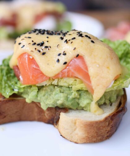 Mini Salmon Club sandwich served on a white plate