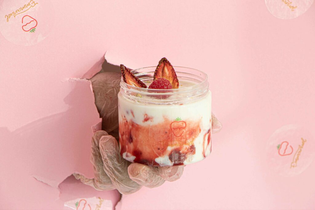 Strawberry Fluff dessert served in a jar