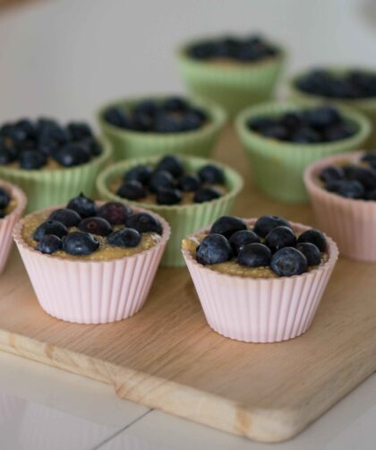 Blueberry Muffin Recipe served on wooden tray
