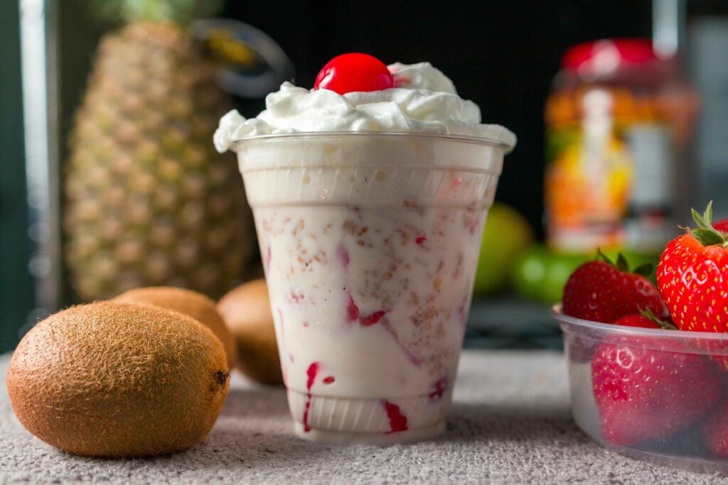 Strawberry Fluff in served in a glass