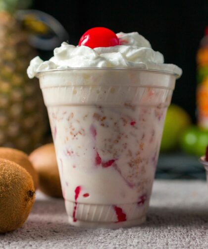 Strawberry Fluff in served in a glass