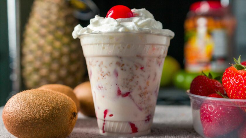 Strawberry Fluff in served in a glass