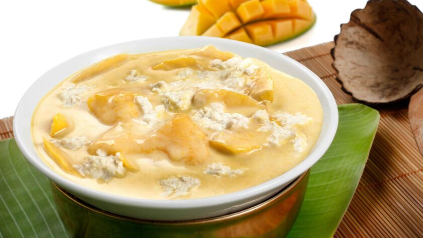 Sticky Mango Rice serves on a white plate