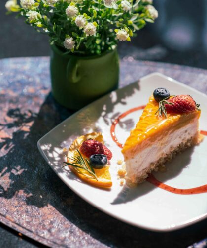 Mango Cheesecake served on a white plate