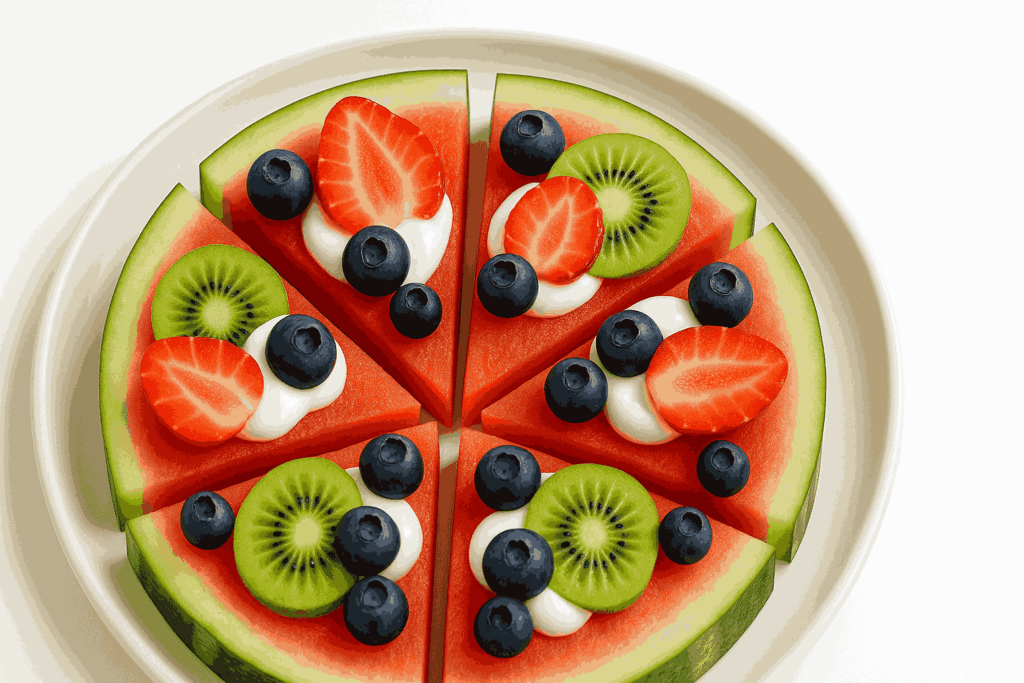 Watermelon fruit pizza served on a white plate