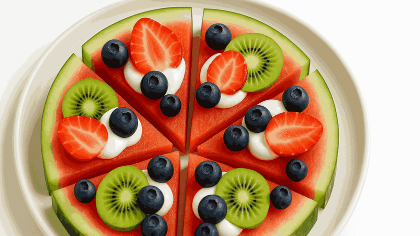 Watermelon fruit pizza served on a white plate