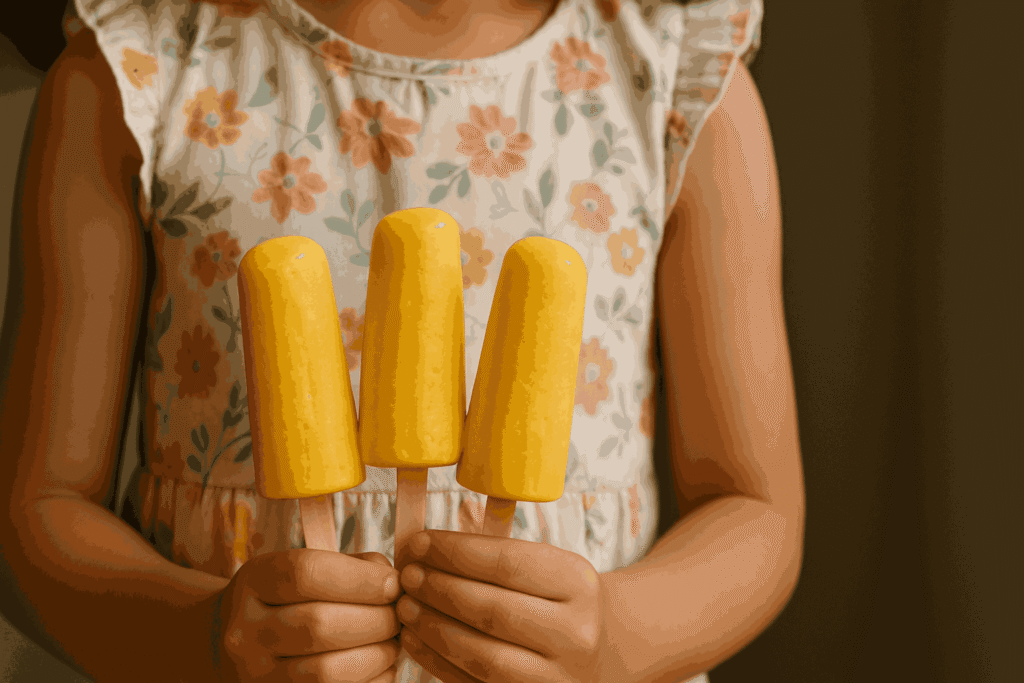 A girl is holding three Mango Kulfi
