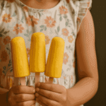 A girl is holding three Mango Kulfi