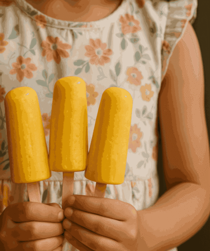 A girl is holding three Mango Kulfi