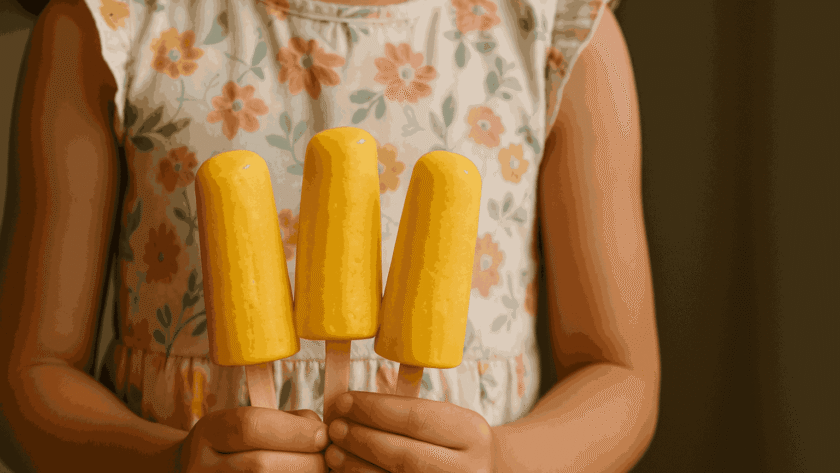 A girl is holding three Mango Kulfi