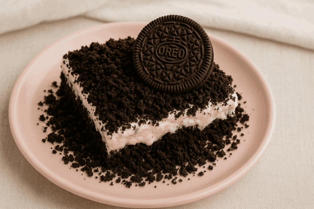 Oreo Dirt Cake served on a white plate