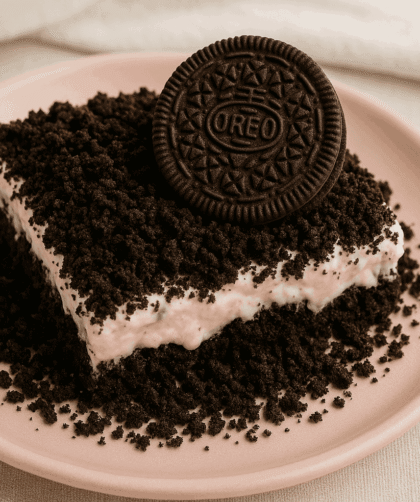 Oreo Dirt Cake served on a white plate