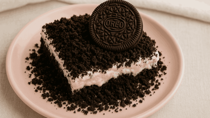 Oreo Dirt Cake served on a white plate