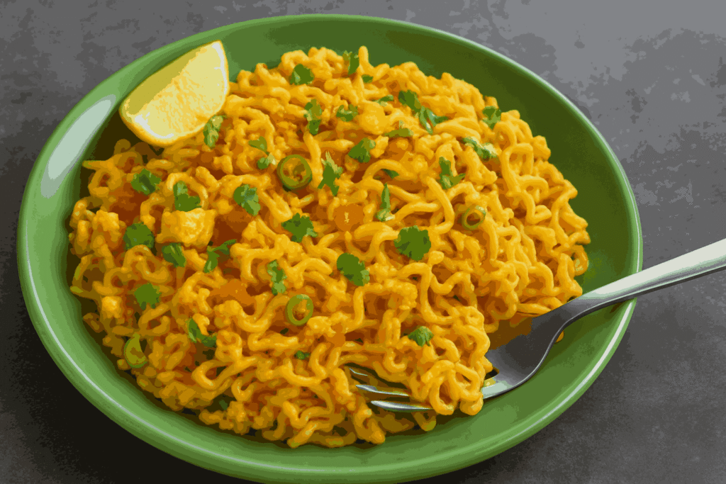 Egg Maggie served on a green plate