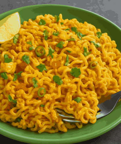 Egg Maggie served on a green plate