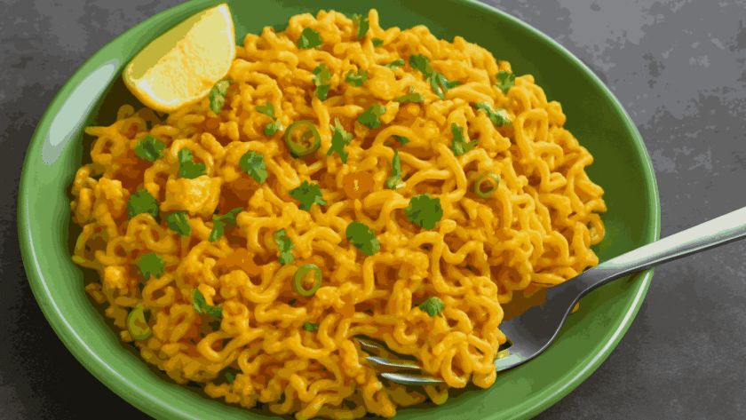 Egg Maggie served on a green plate