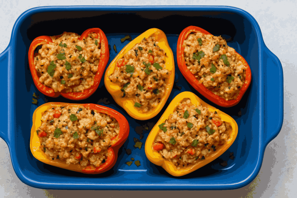 Baked Tuna Stuffed Peppers served in a blue tray