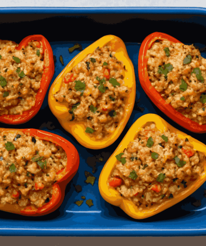 Baked Tuna Stuffed Peppers served in a blue tray