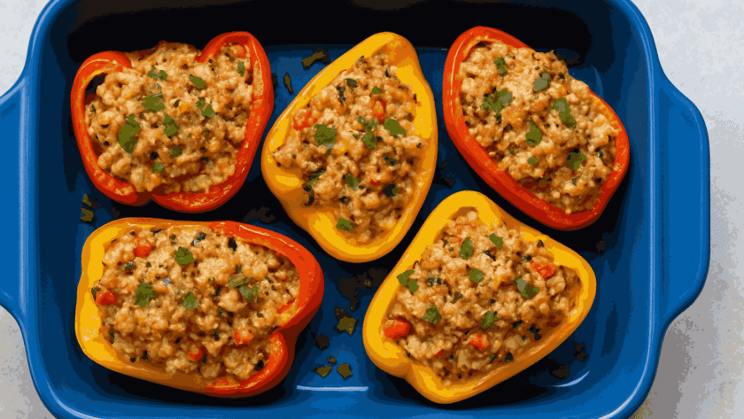 Baked Tuna Stuffed Peppers served in a blue tray