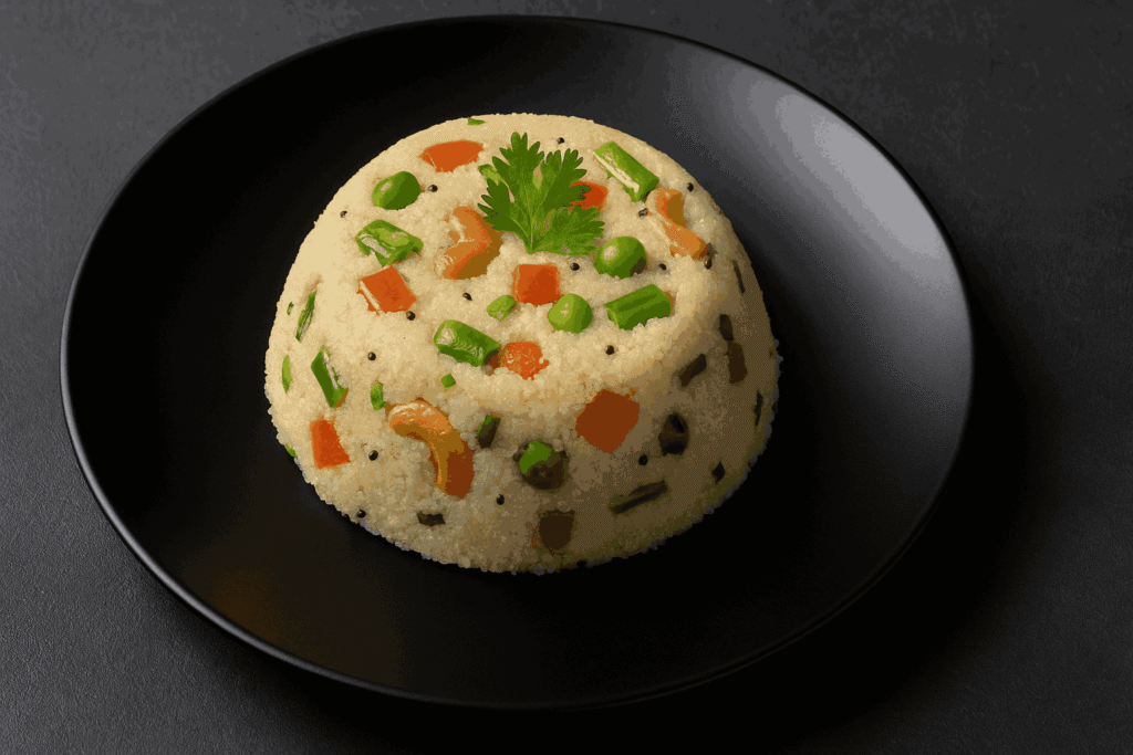 South Indian Upma served on a black plate