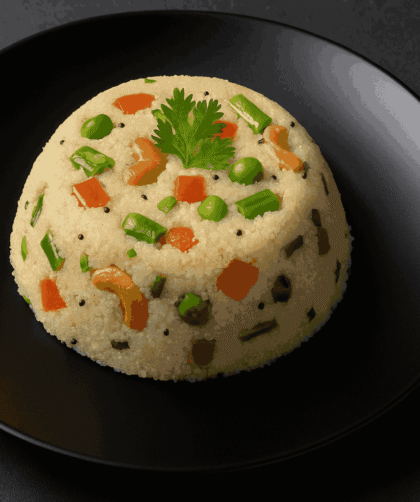 South Indian Upma served on a black plate