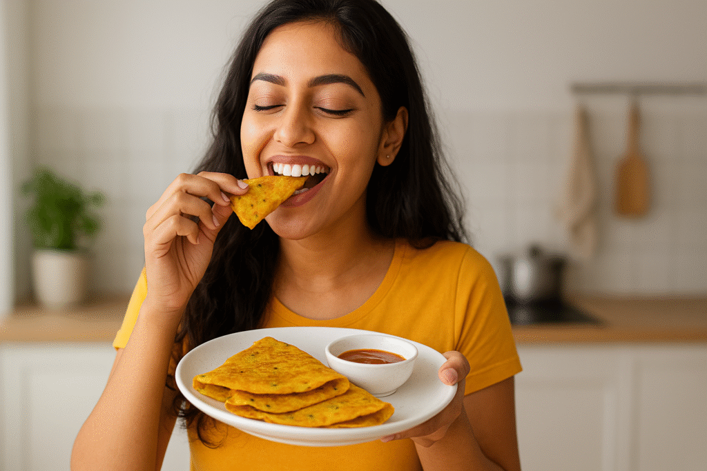 A girl is eating moong daal chilla